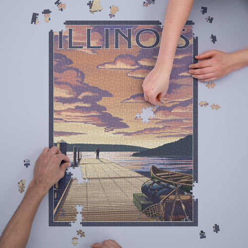 Image of models putting together the “Dock and Lake Scene” 1000 Piece Illinois Puzzle.