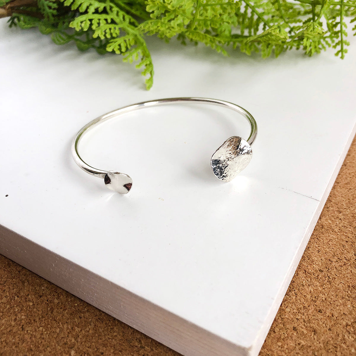 Image of the silver Solaris Cuff, next to a green plant.