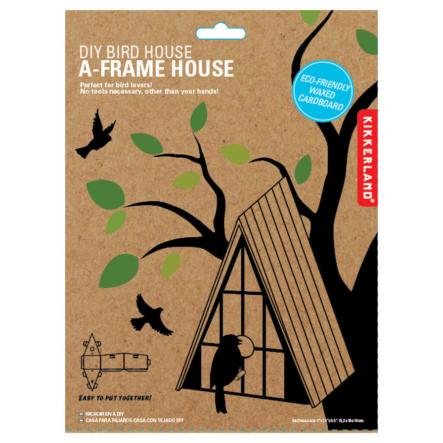 Image of the DIY A-Frame Bird House, in its packaging, on a white background.