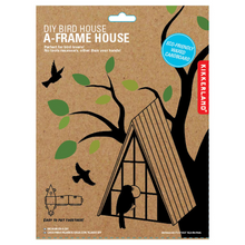Load image into Gallery viewer, Image of the DIY A-Frame Bird House, in its packaging, on a white background.

