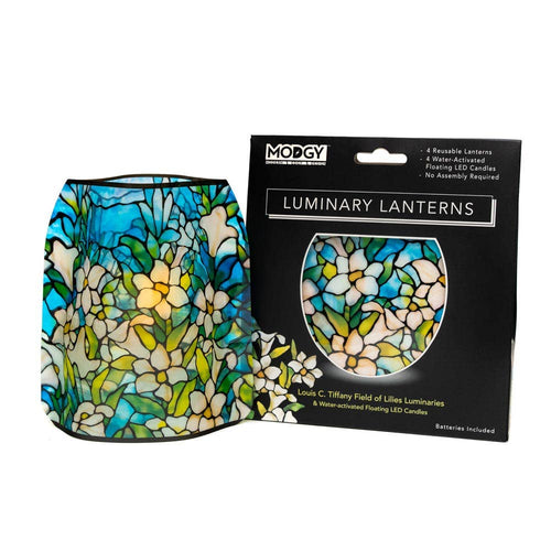 Photo of the “Field of Lilies” Luminary Lantern, next to the packaged item.