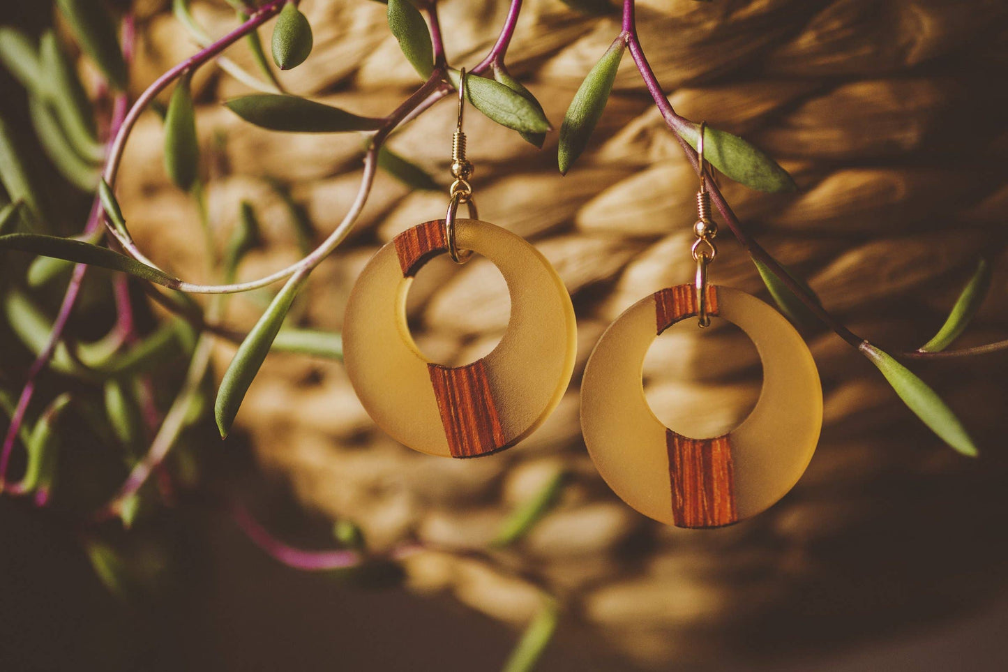Photo of the “Yellow Daisy Earring” by Wooden Element, with the earrings hanging on a plant.