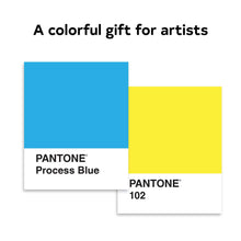 Load image into Gallery viewer, “A colorful gift for artists” above example Pantone Notecards “Process Blue” and “102”.
