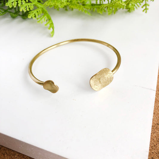 Photo of the gold Solaris Cuff, next to a green plant.