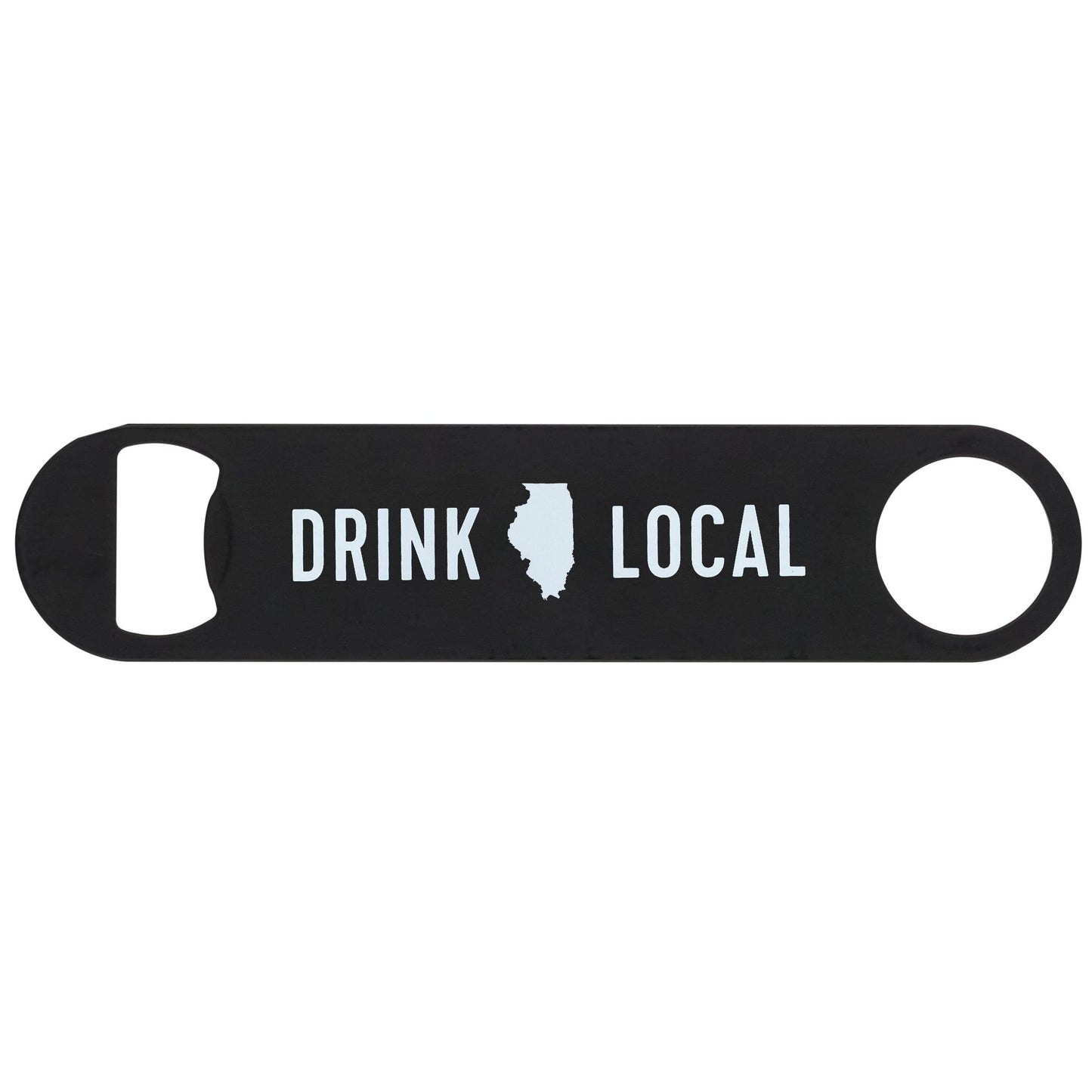 Stock image of black, metal, magnetic bottle opener, reading “Drink Local”.