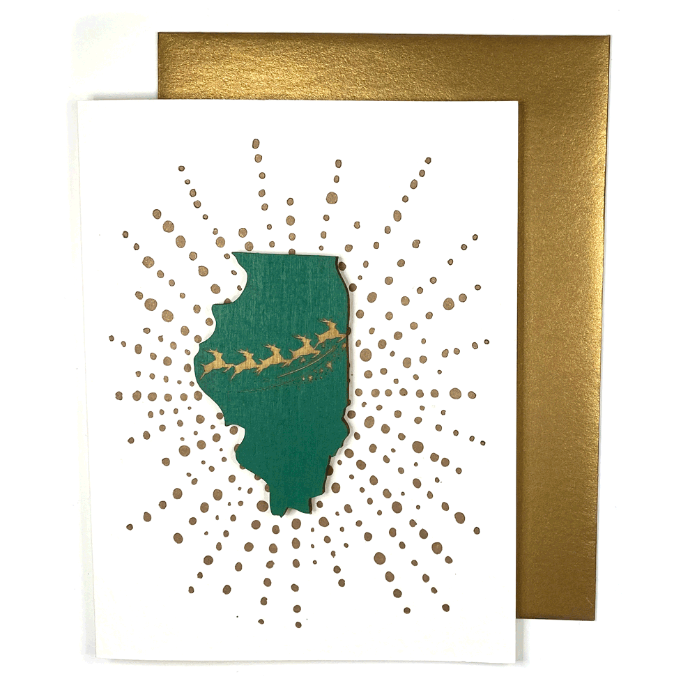 Green Illinois magnet with gold reindeer, with white card included.