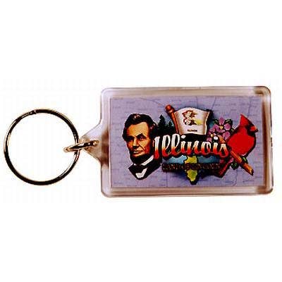 Photo of the Lucite Illinois Keychain, featuring Abraham Lincoln and state symbols.