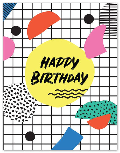 Happy Birthday greeting card in Memphis Design.