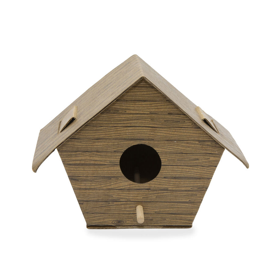Image of the DIY Log Cabin Bird House, completed, on a white background.