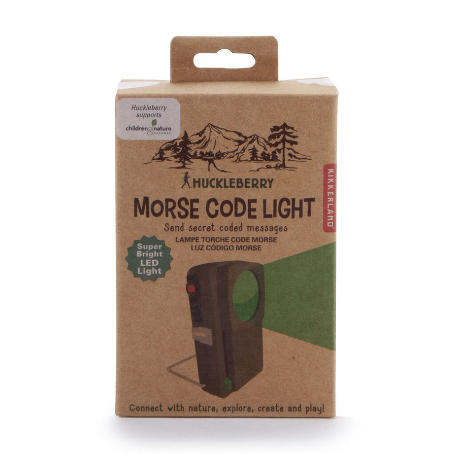 Image of the Huckleberry Morse Code Light, in its packaging, on a white background.