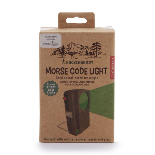 Image of the Huckleberry Morse Code Light, in its packaging, on a white background.