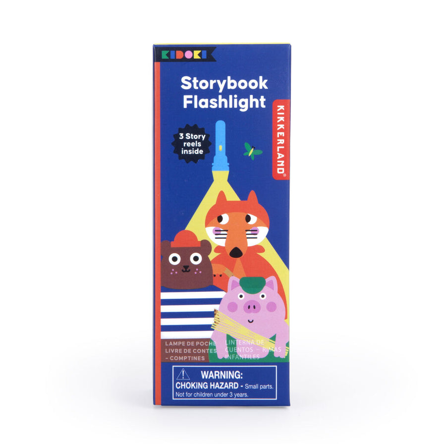 Photo of the Storybook Flashlight, in its retail box, on a white background.