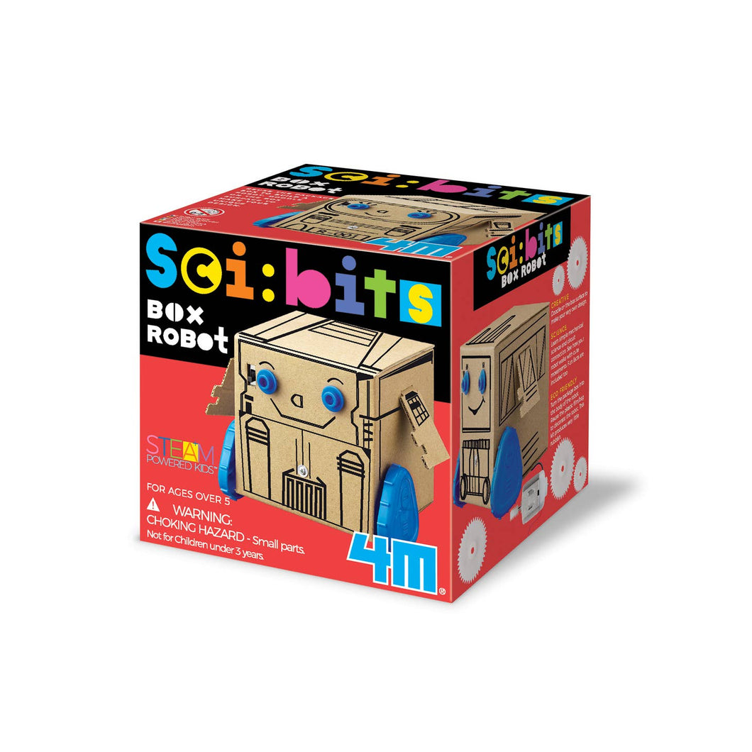 Photo of the box packaging for the he box packaging for the Sci:bits Box Robot Science Kit.