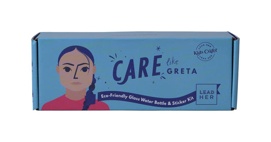 The packaging for the “CARE like Greta” Eco-Friendly glass water bottle and sticker kit.