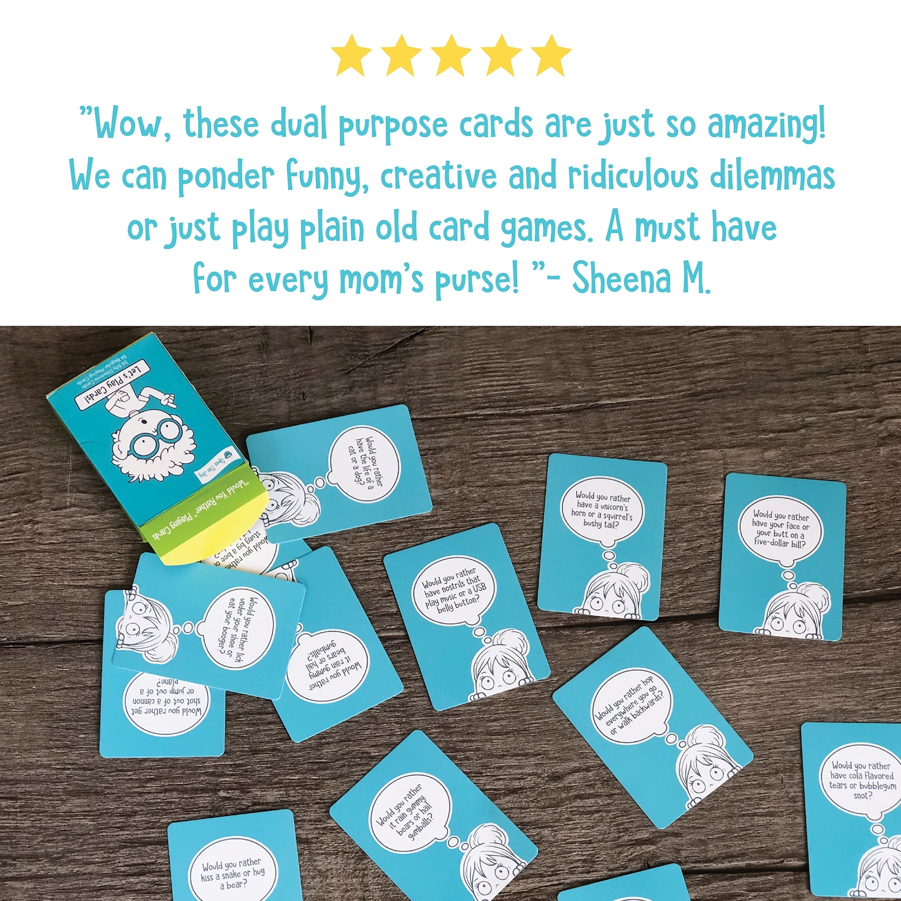 "Would You Rather" Playing Cards with customer review quote.
