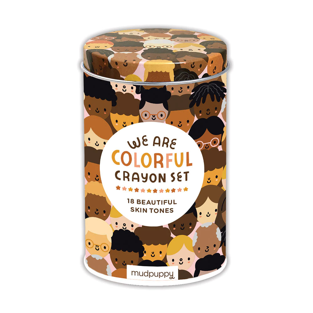 Image of the “We Are Colorful” Skin Tone Crayon Set in its tin packaging.