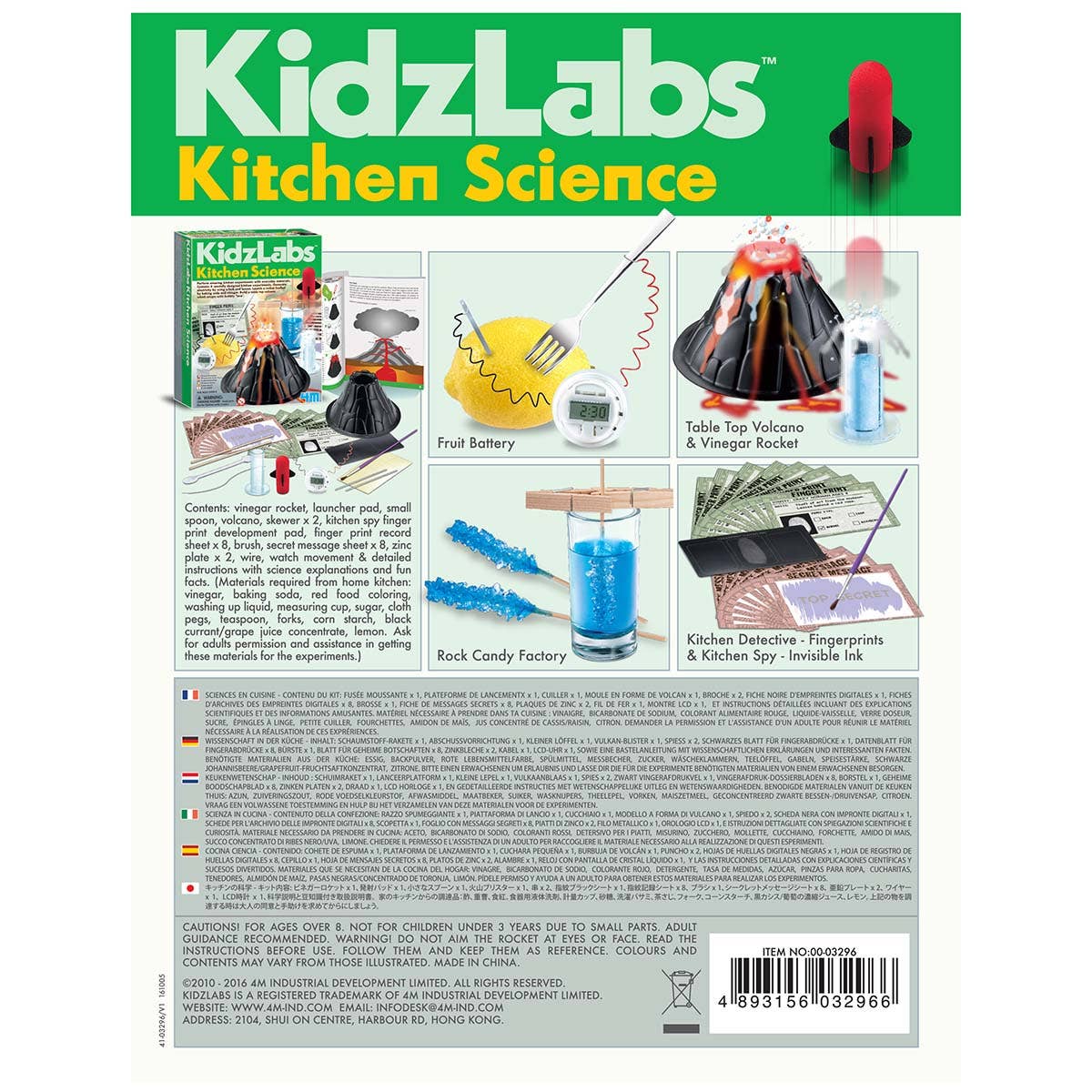 Back view of the Volcano Making Kit box packaging, showing materials included.