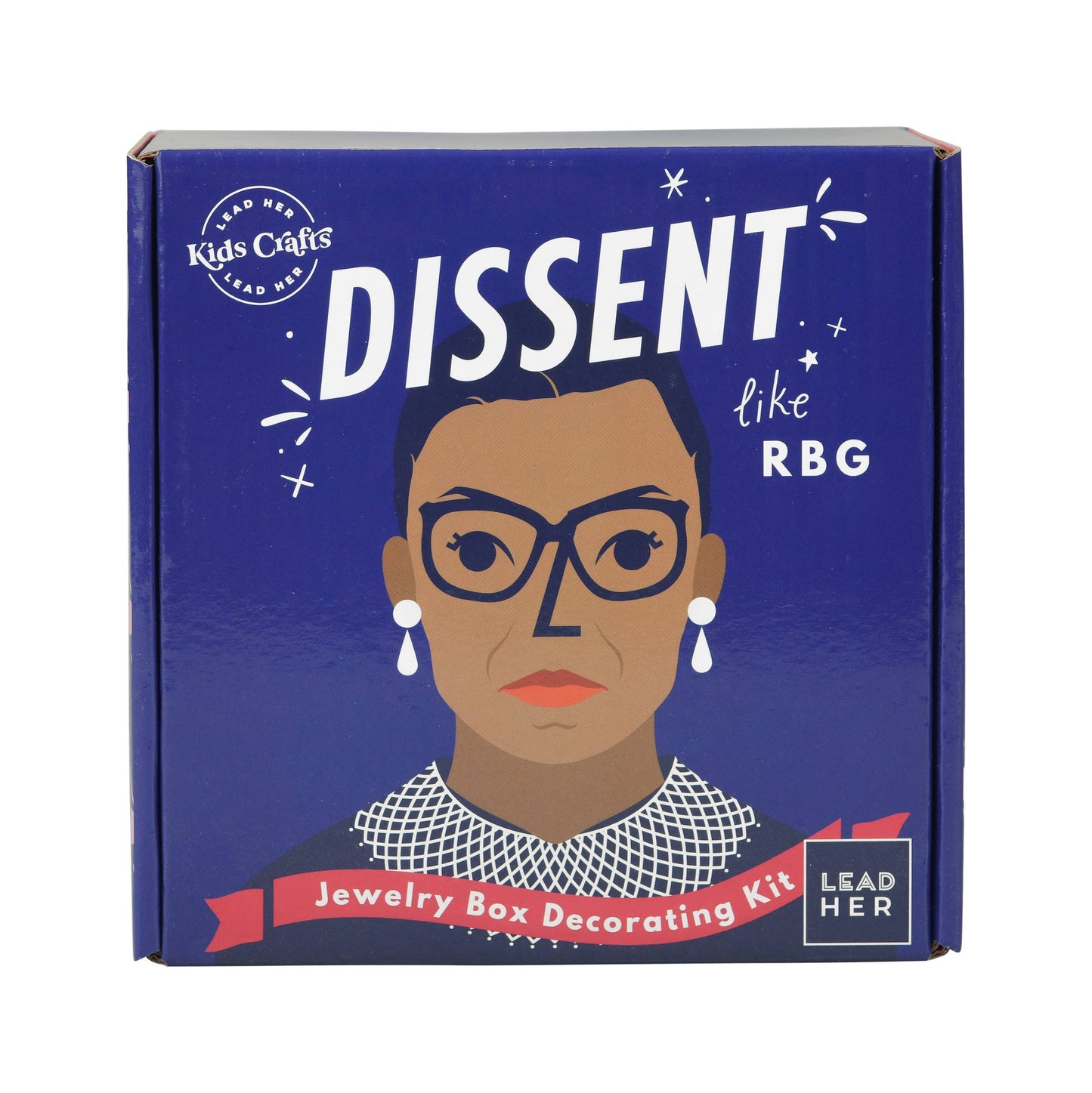 The front of the box packaging for the “DISSENT like RBG” jewelry box decorating kit.