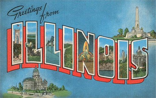 “Greetings from Illinois” retro postcard.