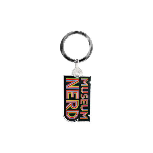 Photo of Museum Nerd rainbow keychain on white background.