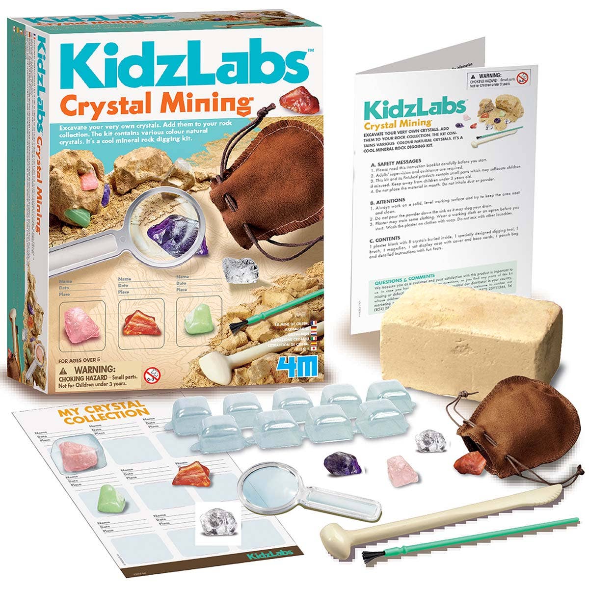 Image showing the materials included in the Crystal Mining Kit.