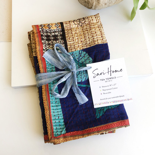Sari Home Tea Towel Set, tied with ribbon and tag.