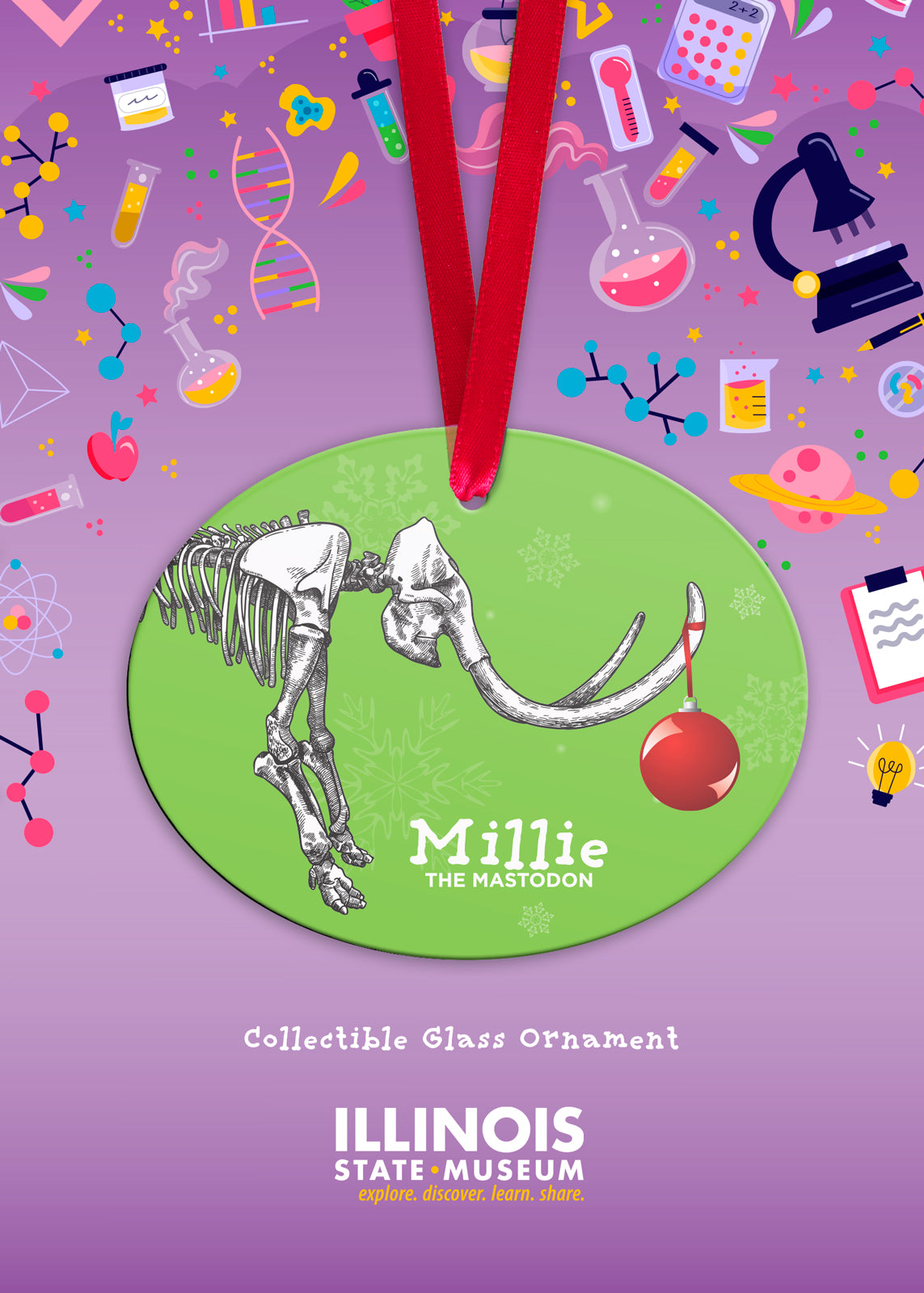 Front image of the Millie the Mastadon Holiday Ornament on colorful Millie print card.