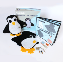 Load image into Gallery viewer, Photo showing the Shivers the Penguin Kit, the instructions, materials included, and final product.
