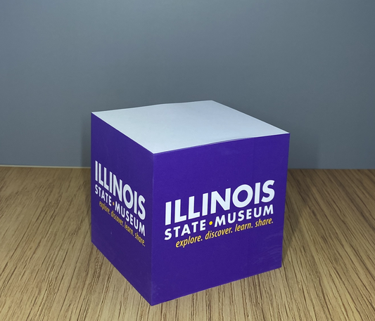 Illinois State Museum note cube, white with purple sides.