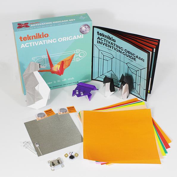 Image showing the materials included and final product of the Activating Origami Kit.