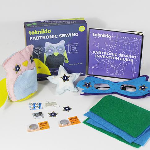 Image showing the Fabtronic Sewing Kit, the materials included and the final product.