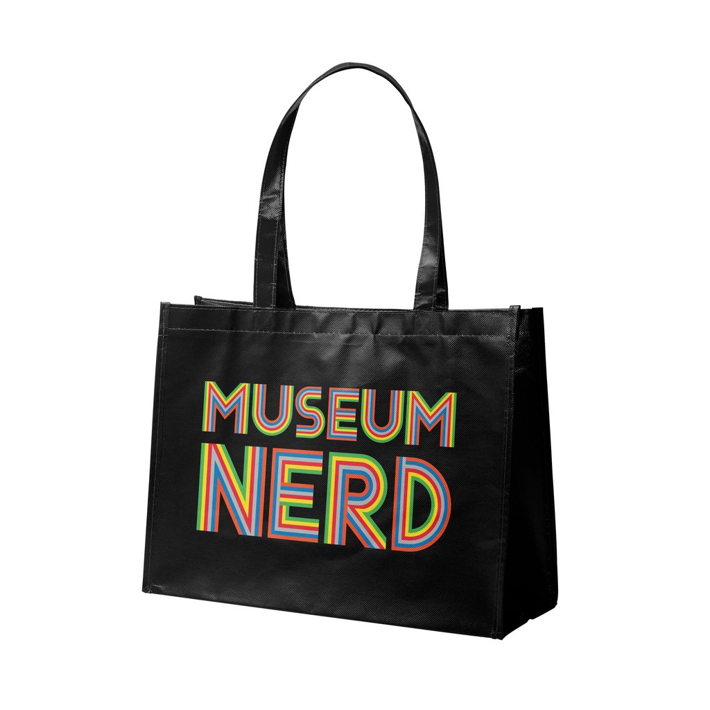 Stock image of standing Museum Nerd Laminated Tote Bag.