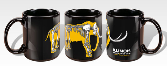 Millie the Mastadon mug in black with Illinois State Museum logo.