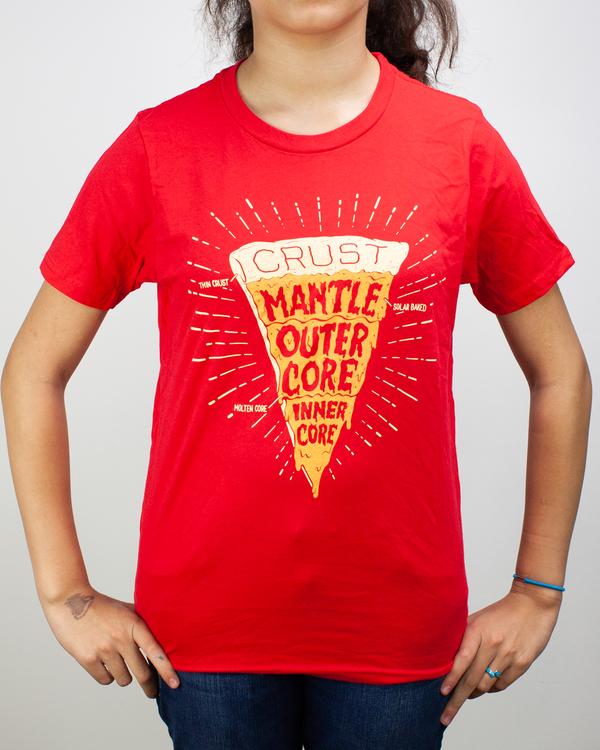 Model wearing red, pizza and science themed tshirt.