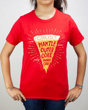 Load image into Gallery viewer, Model wearing red, pizza and science themed tshirt.

