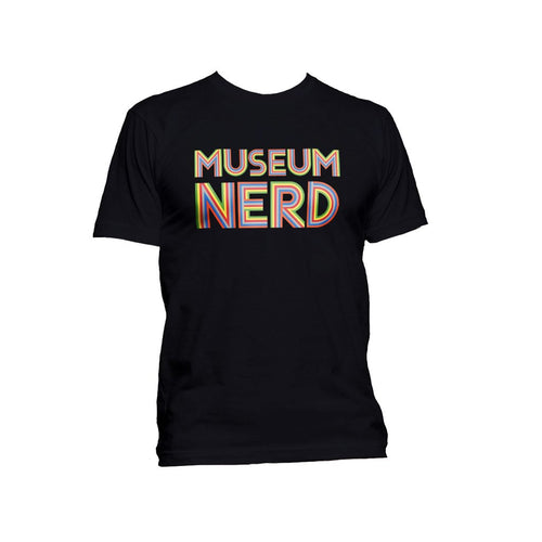 Stock photo of black Museum Nerd tshirt with rainbow color font.
