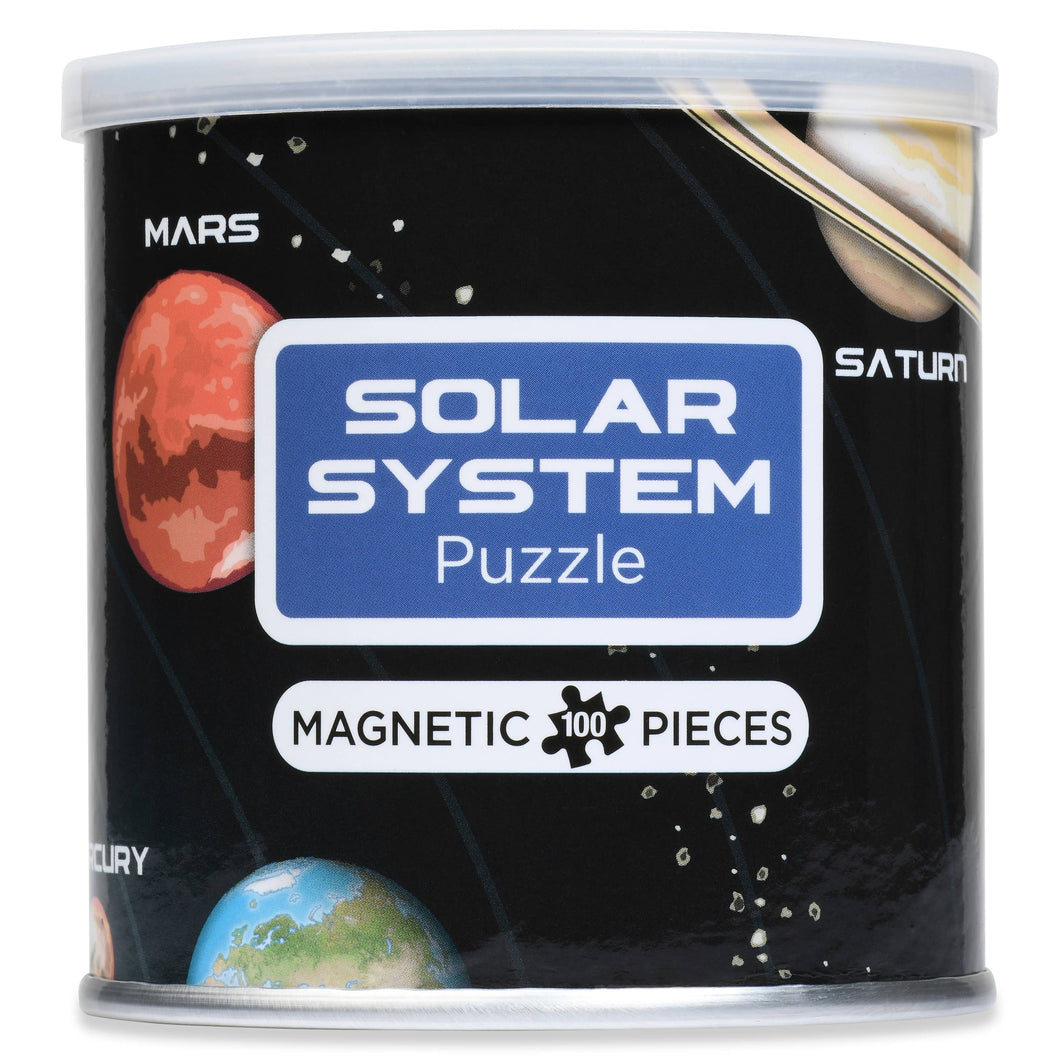 Photo of the “Solar System” Magnetic Puzzle, in its can packaging, on a white background.