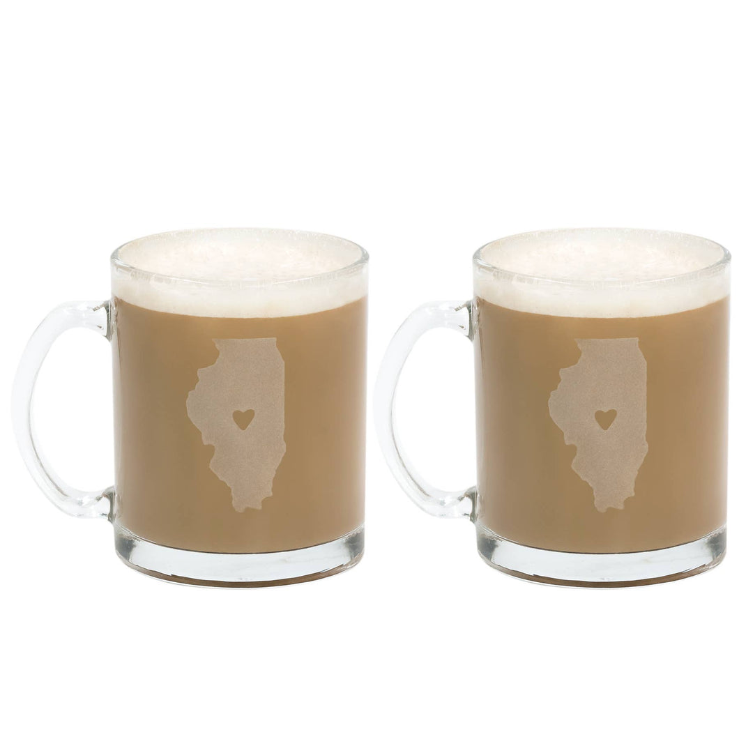 Photo of clear Illinois Glass Mug Set, featuring shape of Illinois with heart cut out.