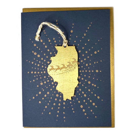 Photo of gold Illinois Reindeer Ornament with dark blue card.