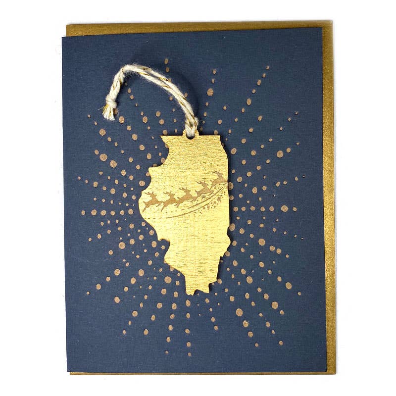 Photo of gold Illinois Reindeer Ornament with dark blue card.