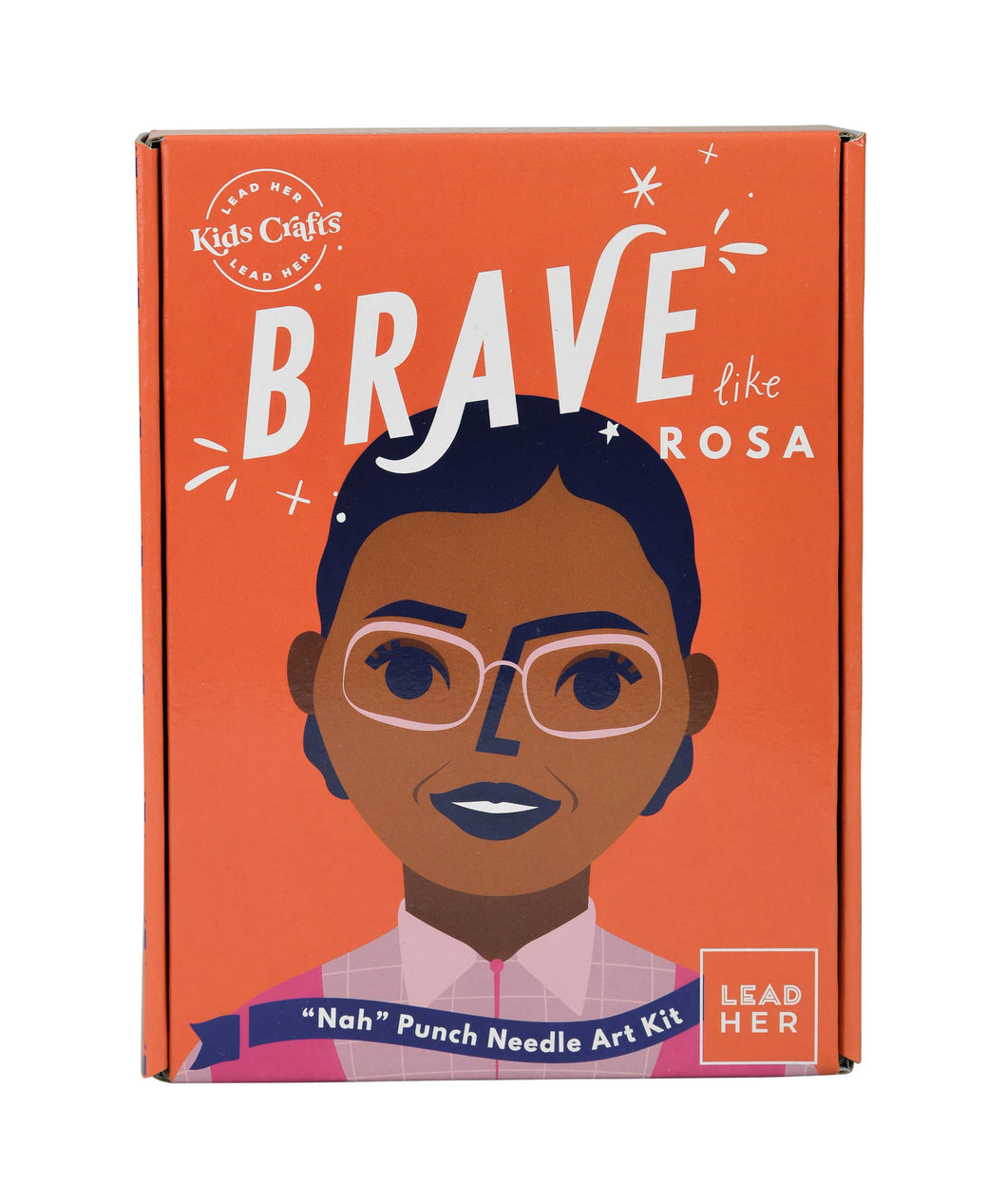 Front view of the “BRAVE like Rosa” punch needle craft kit packaging.