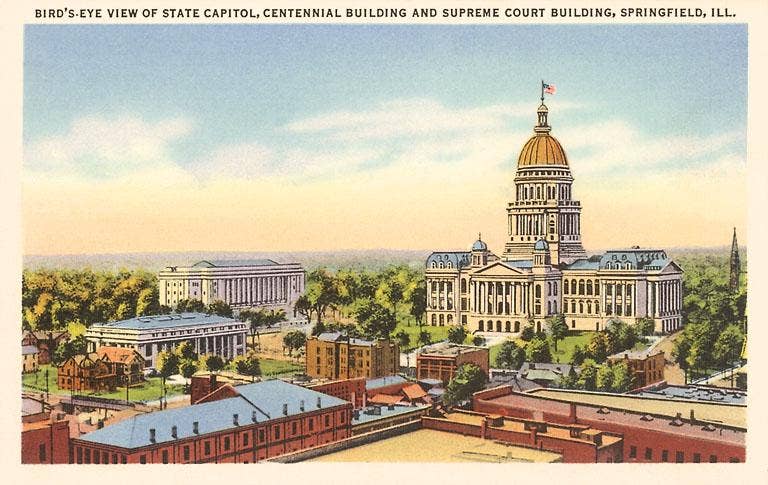 Image of the “Bird’s Eye View” Springfield, Illinois State Capitol art print.