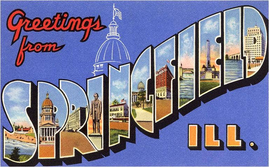 Photo of the design of the “Greetings From Springfield ILL” vintage magnet.