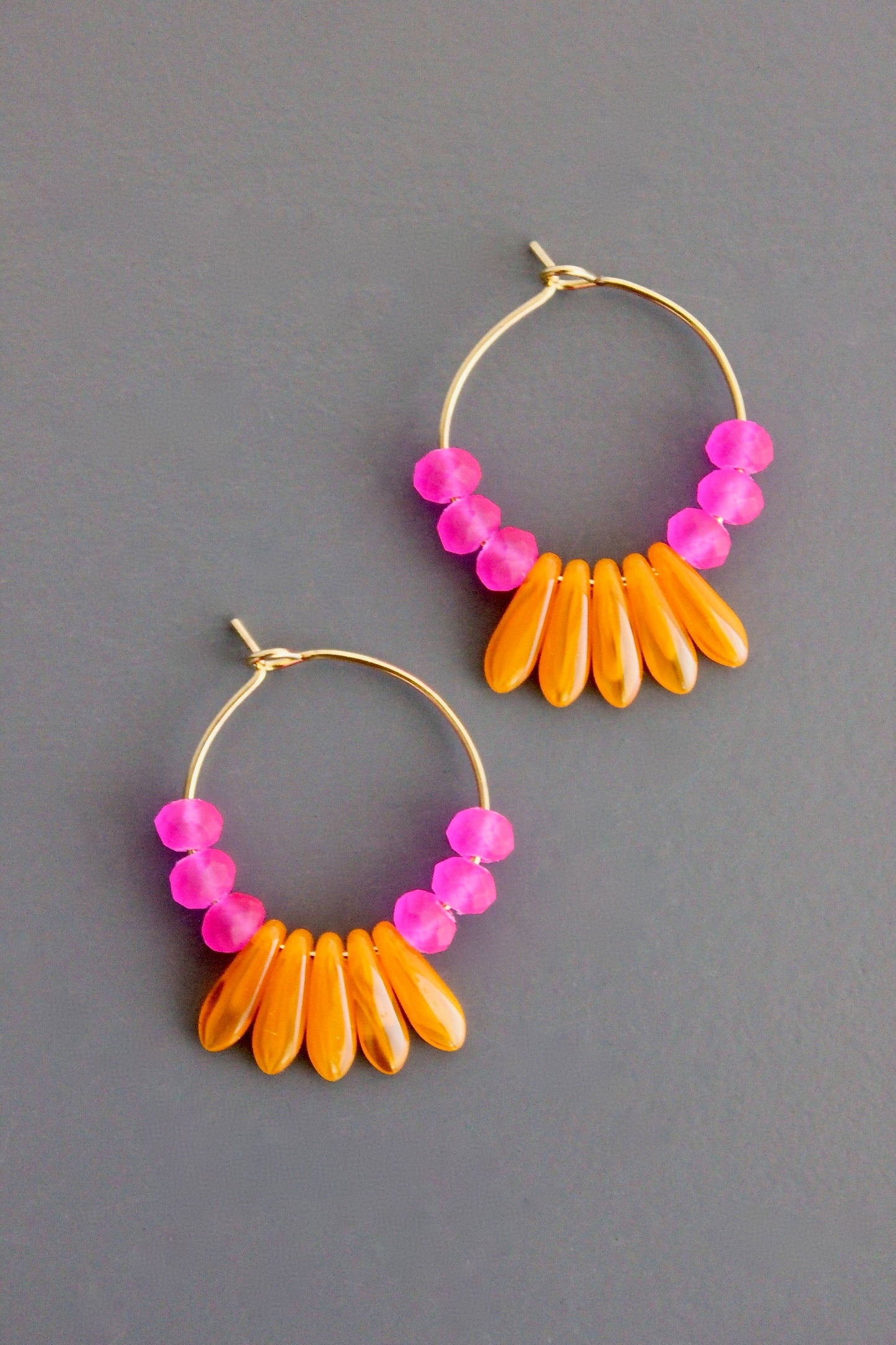 Pink and Orange Glass Hoop Earrings