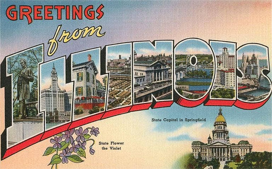 “Greetings from Illinois” retro postcard.