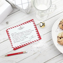 Load image into Gallery viewer, Example photo of a Santa Letter Kit card, filled out and set up for Santa.
