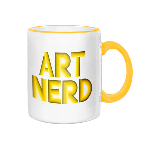 Art Nerd Mug with yellow text in front of white background.