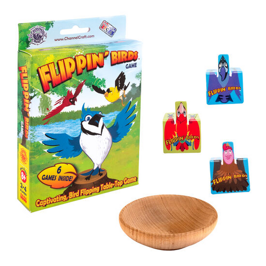 Image of the Flippin Bird Game, its box packaging and sample pieces.