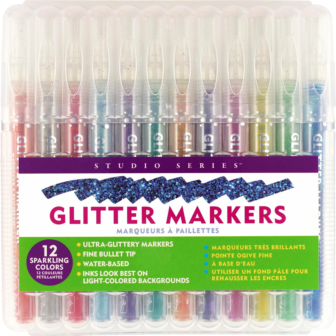 Front view of the STUDIO SERIES Glitter Marker Set in its packaging.