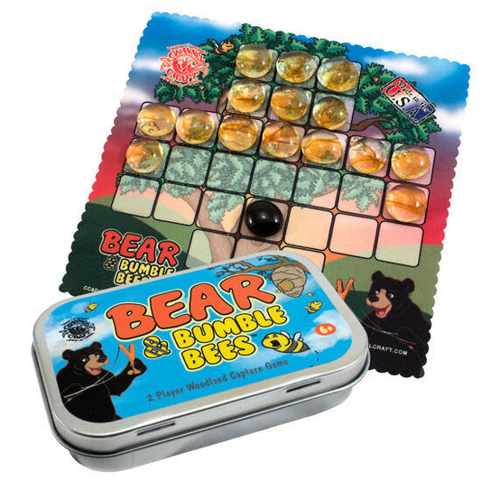Image of the Bear and Bumblebee Game, next to its tin packaging, on a white background.